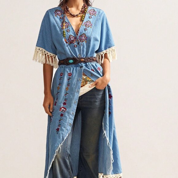 Blue Western Boho Women's Embroidered Casual Dress - Picture 1 of 8